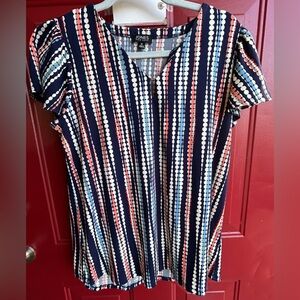 Jones New York Women's Polka Dot Striped Top - Navy, Red, White Design, Size M